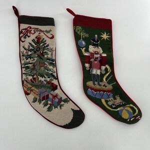 2 Sferra Needlepoint Christmas‎ Stockings Completed Nutcracker 21" & Tree 22"